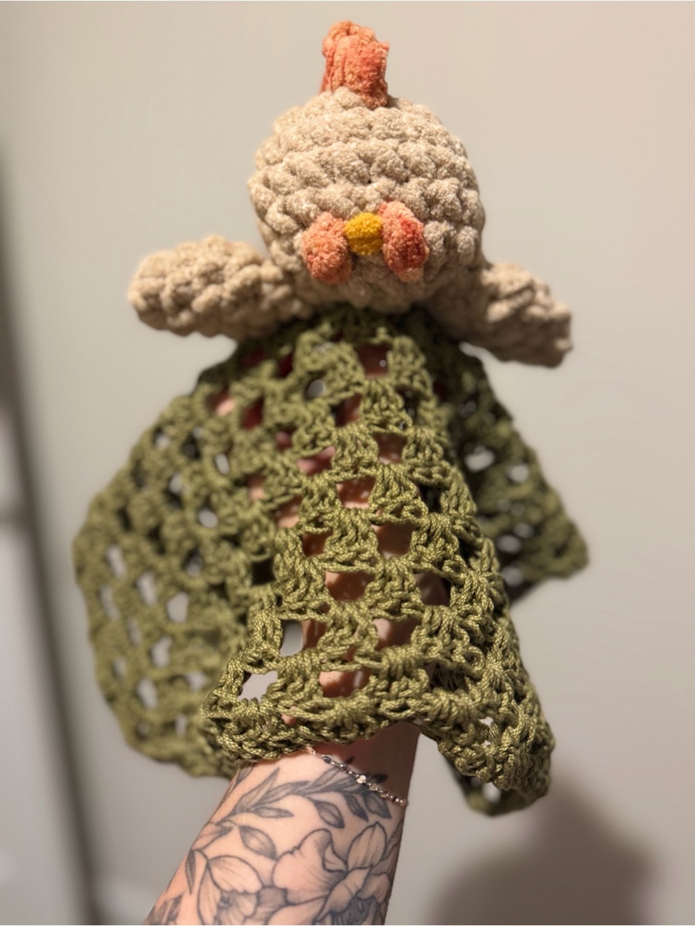 Handmade Crochet Chicken Hen Lovey Security Blanket Baby Gift Green